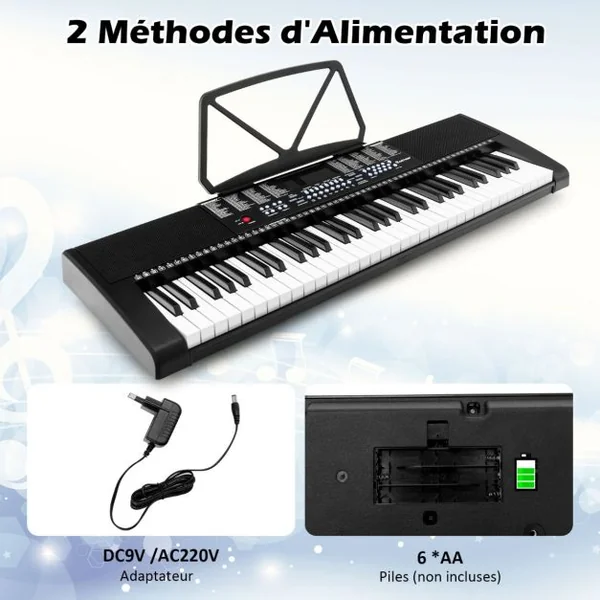 Clavier Électronique à 61 Touches Portable avec Microphone Pupitre 255 Sons 255 Rythmes 24Démo 3 Modes