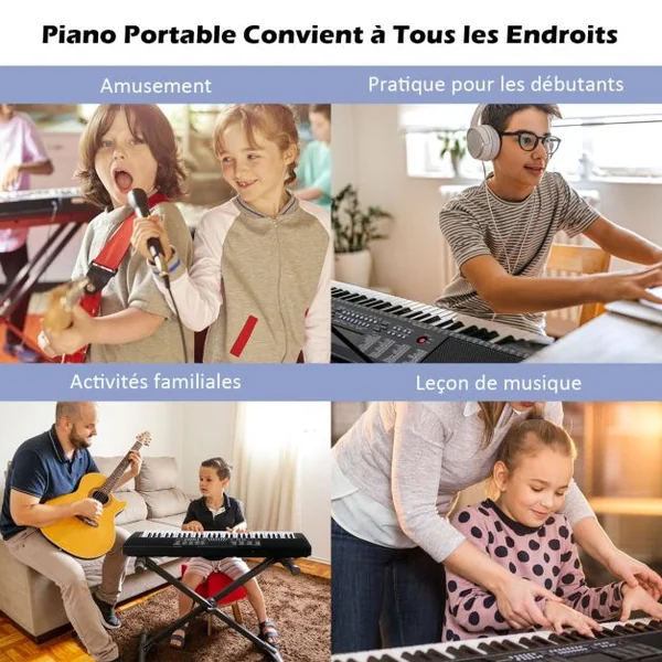 Clavier Électronique à 61 Touches Portable avec Microphone Pupitre 255 Sons 255 Rythmes 24Démo 3 Modes