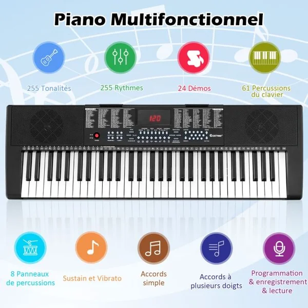 Clavier Électronique à 61 Touches Portable avec Microphone Pupitre 255 Sons 255 Rythmes 24Démo 3 Modes
