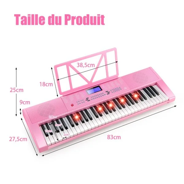 Clavier Électronique à 61 Touches Portable avec Microphone Pupitre 255 Sons 255 Rythmes 24Démo 3 Modes Rose