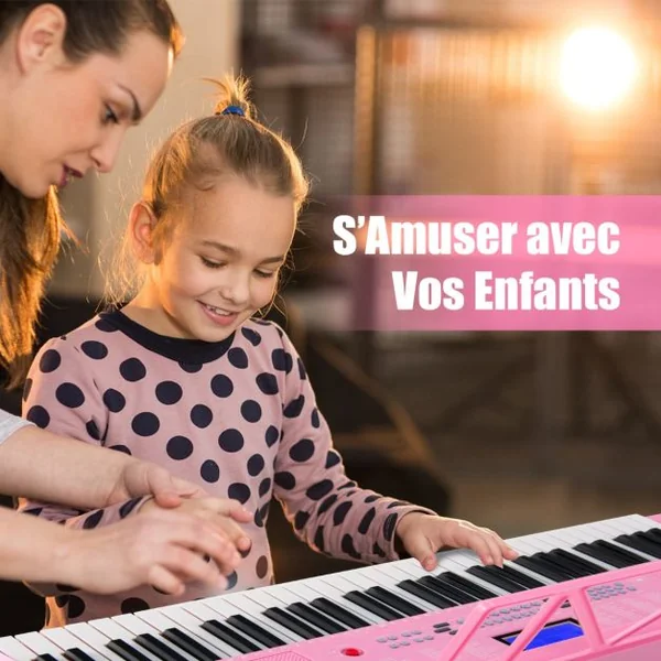 Clavier Électronique à 61 Touches Portable avec Microphone Pupitre 255 Sons 255 Rythmes 24Démo 3 Modes Rose