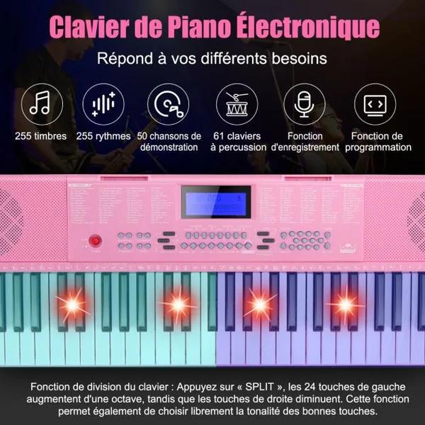 Clavier Électronique à 61 Touches Portable avec Microphone Pupitre 255 Sons 255 Rythmes 24Démo 3 Modes Rose