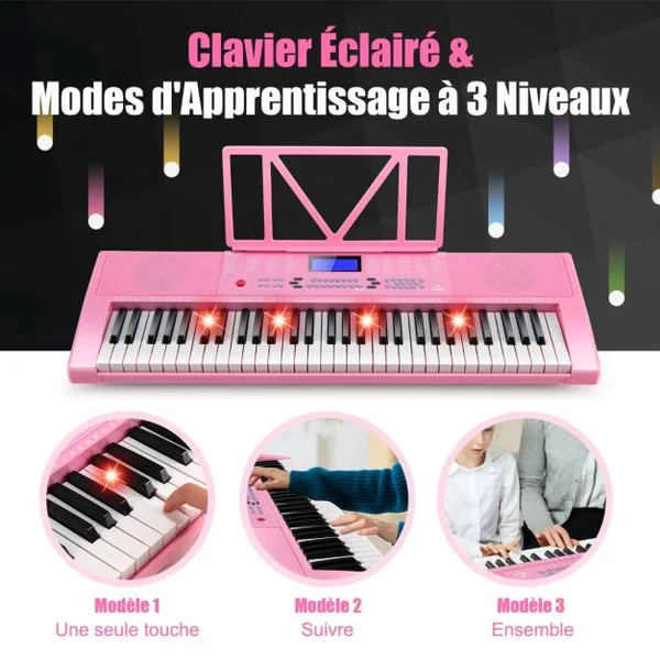 Clavier Électronique à 61 Touches Portable avec Microphone Pupitre 255 Sons 255 Rythmes 24Démo 3 Modes Rose