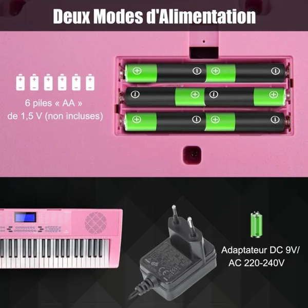 Clavier Électronique à 61 Touches Portable avec Microphone Pupitre 255 Sons 255 Rythmes 24Démo 3 Modes Rose