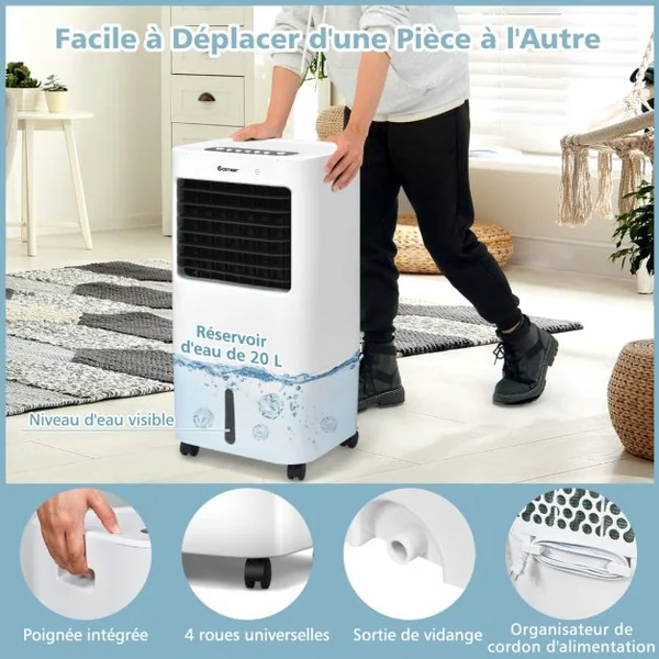 Climatiseur d'Air Mobile 4 en 1 Réservoir 20L Ventilateur Humidificateur Oscillation 40° 3 Modes 4 Vitesses Minuterie 7,5H