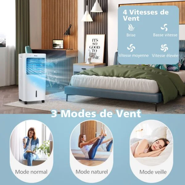 Climatiseur d'Air Mobile 4 en 1 Réservoir 20L Ventilateur Humidificateur Oscillation 40° 3 Modes 4 Vitesses Minuterie 7,5H