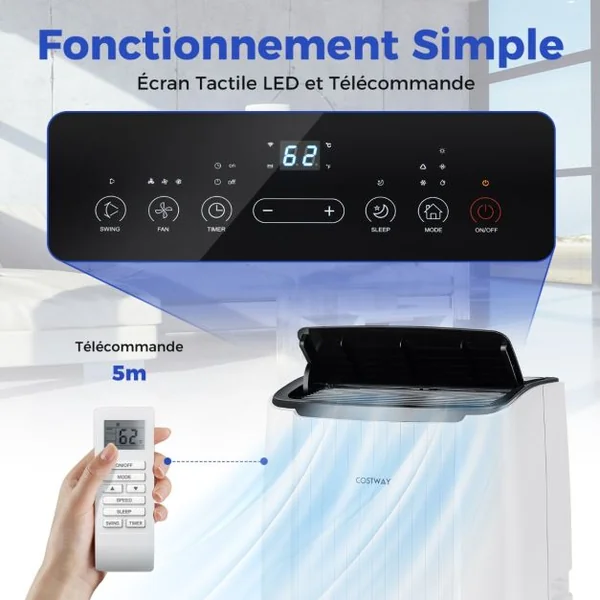 Climatiseur Mobile 12000 BTU 4 en 1 Refroidissement Chauffage Ventilateur Déshumidificateur Minuterie 24H pour jusqu'à 42m²