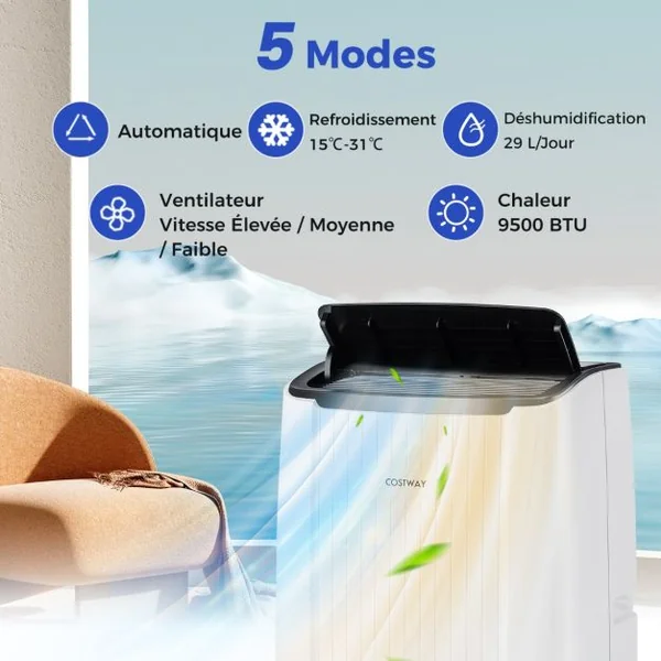 Climatiseur Mobile 12000 BTU 4 en 1 Refroidissement Chauffage Ventilateur Déshumidificateur Minuterie 24H pour jusqu'à 42m²