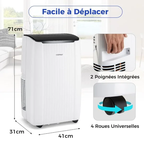Climatiseur Mobile 14000 BTU 4 en 1 Refroidissement Chauffage Ventilateur Déshumidificateur Minuterie 24H pour jusqu'à 65m²