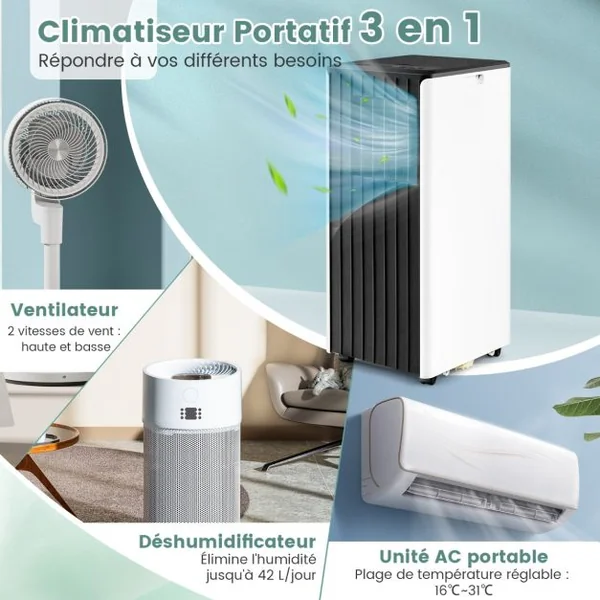 Climatiseur Mobile 4 en 1 avec Refroidissement Ventilateur Déshumidificateur et Mode Veille Télécommande Application Intelligente Minuterie 24h