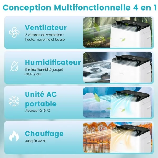 Climatiseur Mobile 4 en 1 Silencieux 12000 BTU avec Ventilateur Déshumidificateur Rafraîchisseur Chauffage Mode Veille Classe A