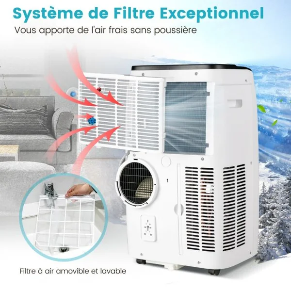 Climatiseur Mobile 4 en 1 Silencieux 12000 BTU avec Ventilateur Déshumidificateur Rafraîchisseur Chauffage Mode Veille Classe A