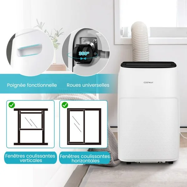 Climatiseur Mobile 4 en 1 Silencieux 12000 BTU avec Ventilateur Déshumidificateur Rafraîchisseur Chauffage Mode Veille Classe A