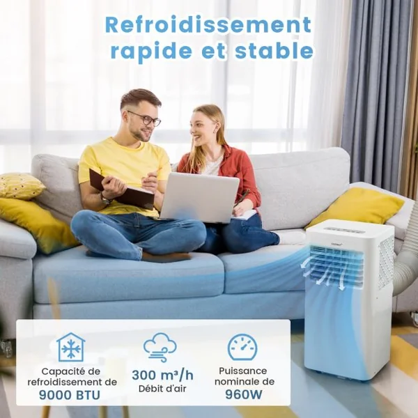Climatiseur Mobile 4 en 1 Silencieux 9000BTU Rafraîchisseur Ventilateur Déshumidificateur 20L/Jour Mode Nuit 17 à 30℃