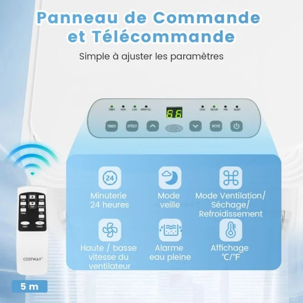 Climatiseur Mobile 4 en 1 Silencieux 9000BTU Rafraîchisseur Ventilateur Déshumidificateur 20L/Jour Mode Nuit 17 à 30℃