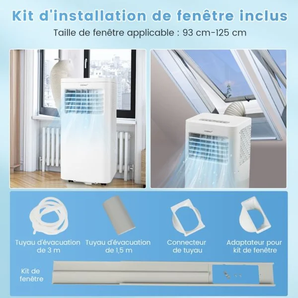Climatiseur Mobile 4 en 1 Silencieux 9000BTU Rafraîchisseur Ventilateur Déshumidificateur 20L/Jour Mode Nuit 17 à 30℃