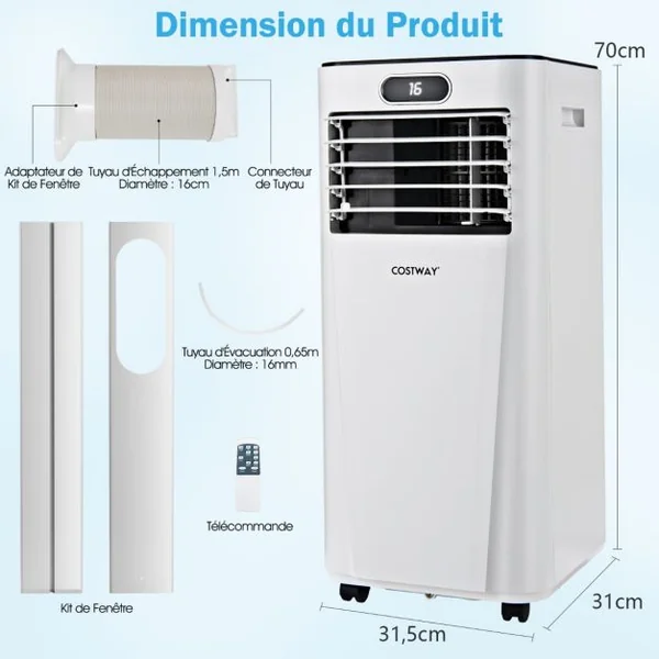 Climatiseur Portable avec Télécommande Climatisation 4 en 1 avec Rafraîchissement Déshumidification Ventilateur et Mode Veille 2,6 kW rafraîchit jusqu'à 30㎡
