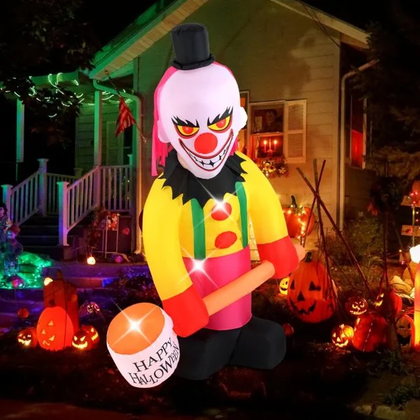 Clown Gonflable à Tête Tournante de 180 x 240 cm Eclairé par LED avec Marteau et Yeux Clignotants Décoration d'Halloween Multicolore
