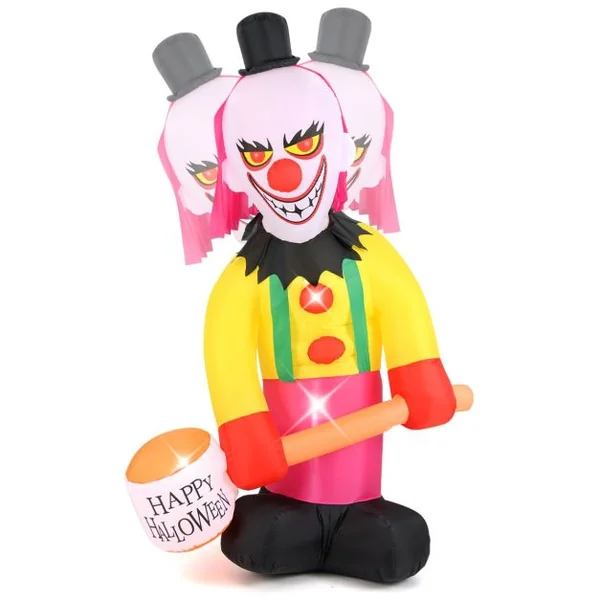 Clown Gonflable à Tête Tournante de 180 x 240 cm Eclairé par LED avec Marteau et Yeux Clignotants Décoration d'Halloween Multicolore