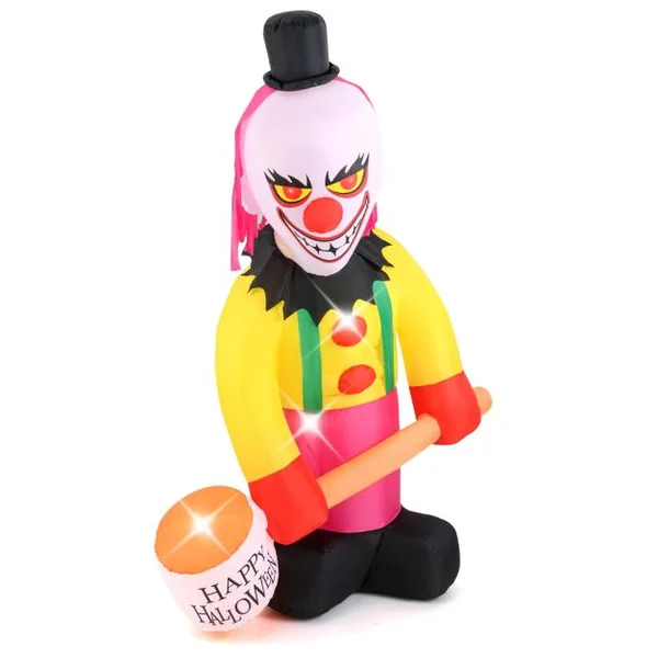 Clown Gonflable à Tête Tournante de 180 x 240 cm Eclairé par LED avec Marteau et Yeux Clignotants Décoration d'Halloween Multicolore