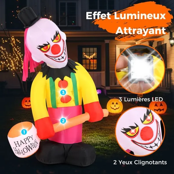 Clown Gonflable à Tête Tournante de 180 x 240 cm Eclairé par LED avec Marteau et Yeux Clignotants Décoration d'Halloween Multicolore