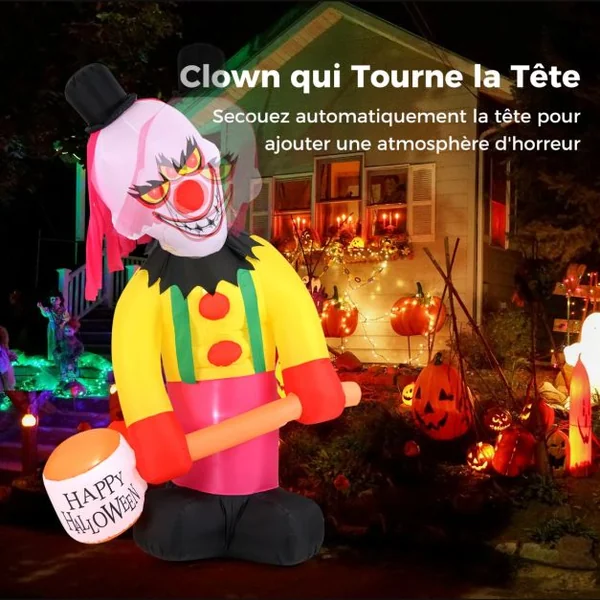 Clown Gonflable à Tête Tournante de 180 x 240 cm Eclairé par LED avec Marteau et Yeux Clignotants Décoration d'Halloween Multicolore