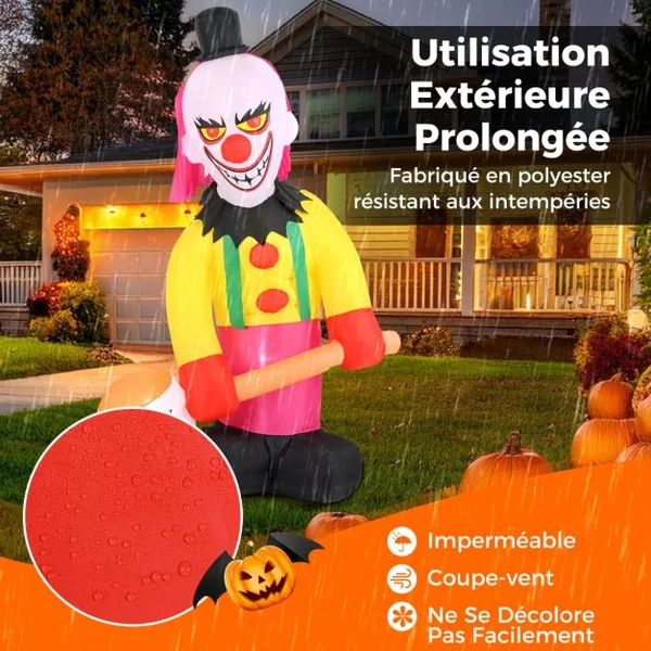 Clown Gonflable à Tête Tournante de 180 x 240 cm Eclairé par LED avec Marteau et Yeux Clignotants Décoration d'Halloween Multicolore