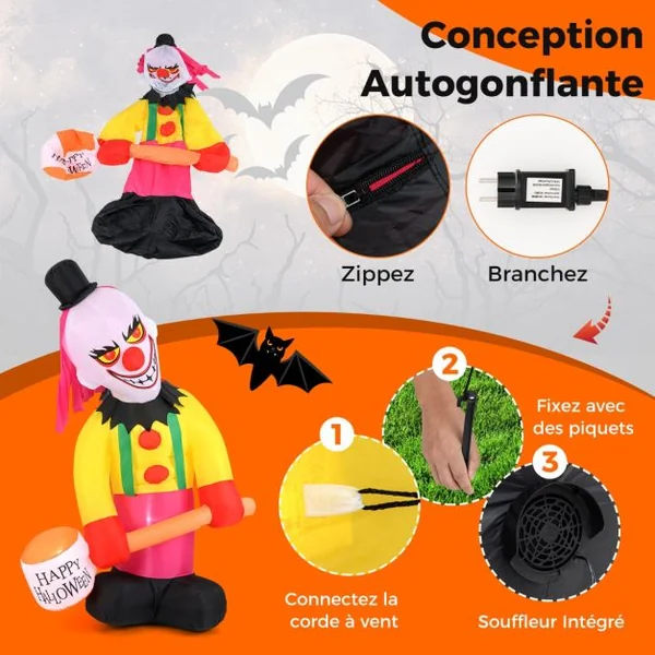 Clown Gonflable à Tête Tournante de 180 x 240 cm Eclairé par LED avec Marteau et Yeux Clignotants Décoration d'Halloween Multicolore