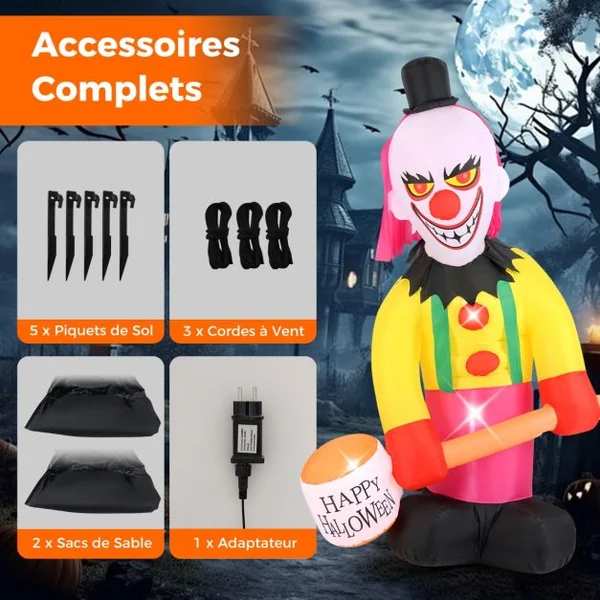 Clown Gonflable à Tête Tournante de 180 x 240 cm Eclairé par LED avec Marteau et Yeux Clignotants Décoration d'Halloween Multicolore