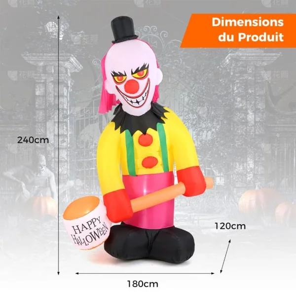Clown Gonflable à Tête Tournante de 180 x 240 cm Eclairé par LED avec Marteau et Yeux Clignotants Décoration d'Halloween Multicolore
