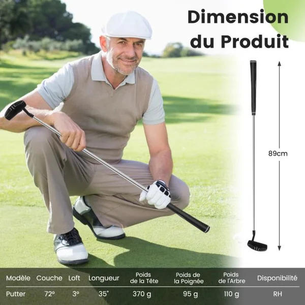 Club de Golf Putter de 89 Cm Droitier Putter avec Lignes D'alignement avec Couvre-Golf Coin de Pincement (Loft) à 3° Inclinaison (Lie) 72° Noir