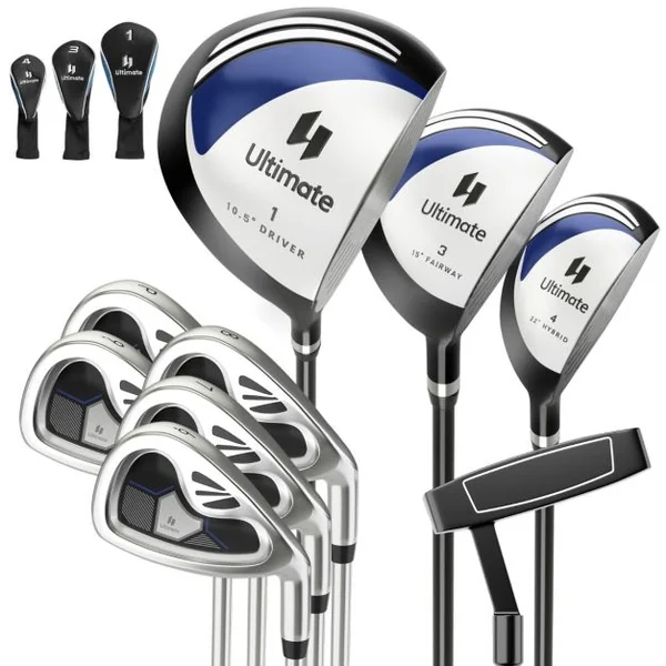 Clubs de Golf de 9 Pièces pour Homme Droitier Driver en Alliage D'aluminium Fairway 3# Hybride 4# Des Fers 6# 7# 8# 9# et P# Putter et 3 Couvre-golfs Bleu