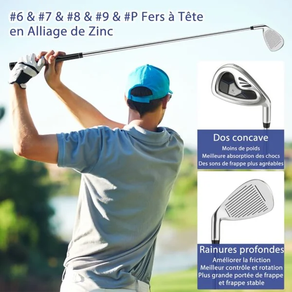 Clubs de Golf de 9 Pièces pour Homme Droitier Driver en Alliage D'aluminium Fairway 3# Hybride 4# Des Fers 6# 7# 8# 9# et P# Putter et 3 Couvre-golfs Bleu