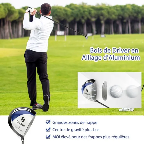 Clubs de Golf de 9 Pièces pour Homme Droitier Driver en Alliage D'aluminium Fairway 3# Hybride 4# Des Fers 6# 7# 8# 9# et P# Putter et 3 Couvre-golfs Bleu