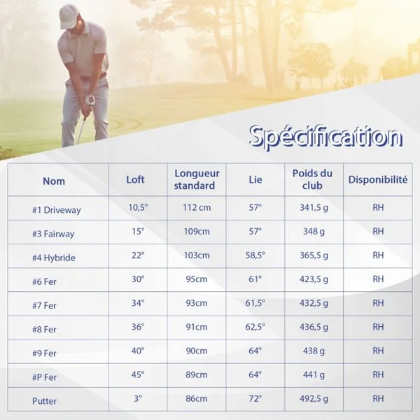 Clubs de Golf de 9 Pièces pour Homme Droitier Driver en Alliage D'aluminium Fairway 3# Hybride 4# Des Fers 6# 7# 8# 9# et P# Putter et 3 Couvre-golfs Bleu
