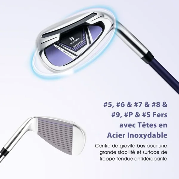 Clubs de Golf pour Femmes Incluant Driver 460CC #1 Bois de Parcours #3 Hybride #5 Fers #5 #6 #7 #8 #9 #P #S Putter & Sac Chariot Violet