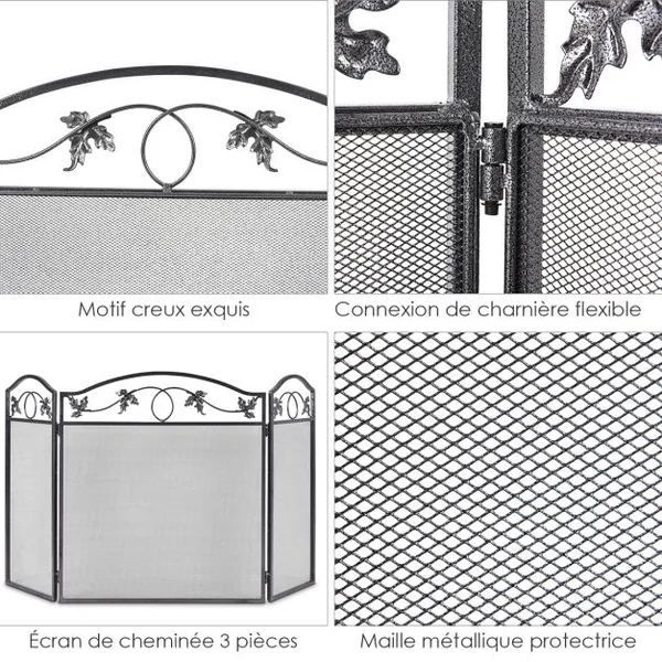 Clôture de Cheminée Cadre en Métal Robuste Écran de Cheminée Pliable à 3 Panneaux Clôture en Maille Décorative Sûre pour lntérieur et Extérieur