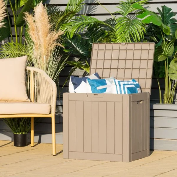 Coffre de Rangement 114L avec Couvercle Verrouillable Résistant aux Intempéries 56 x 43 x 53 CM Café