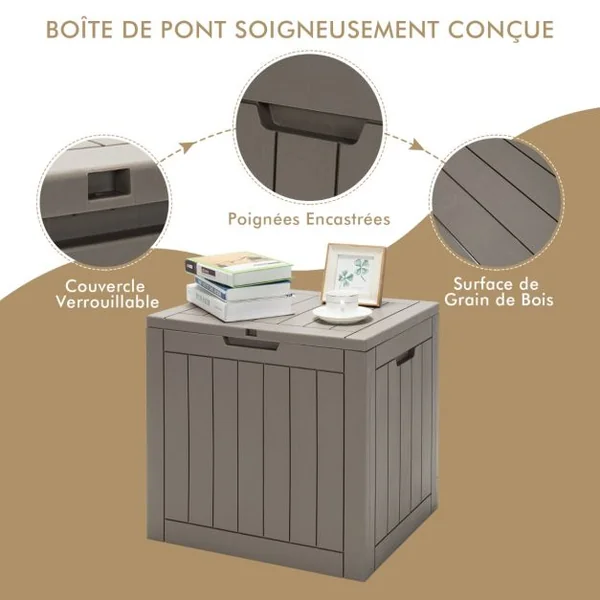 Coffre de Rangement 114L avec Couvercle Verrouillable Résistant aux Intempéries 56 x 43 x 53 CM Café