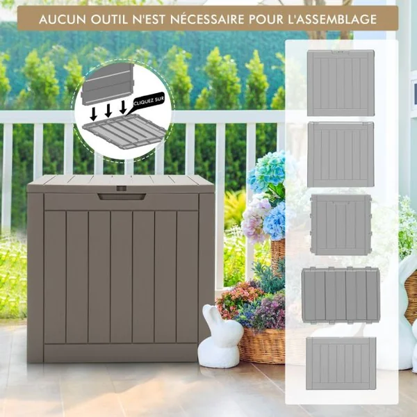 Coffre de Rangement 114L avec Couvercle Verrouillable Résistant aux Intempéries 56 x 43 x 53 CM Café