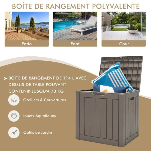 Coffre de Rangement 114L avec Couvercle Verrouillable Résistant aux Intempéries 56 x 43 x 53 CM Café