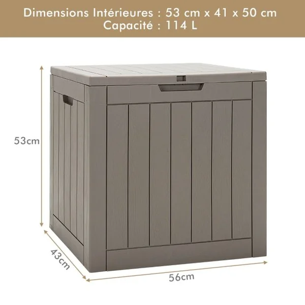 Coffre de Rangement 114L avec Couvercle Verrouillable Résistant aux Intempéries 56 x 43 x 53 CM Café
