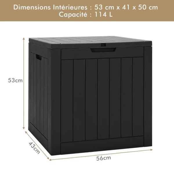 Coffre de Rangement 114L avec Couvercle Verrouillable Résistant aux Intempéries 56 x 43 x 53 CM Noir