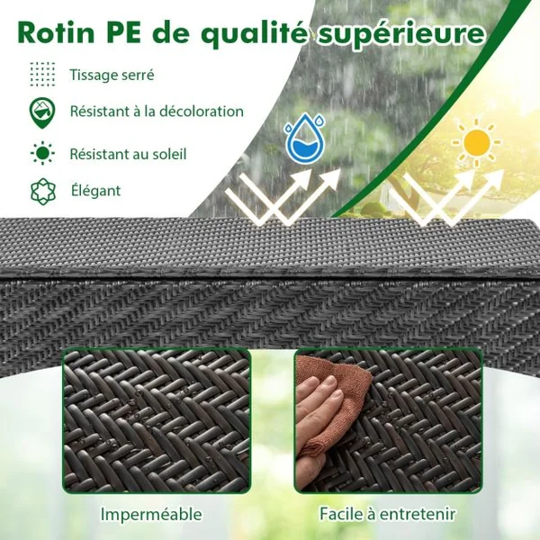 Coffre de Rangement 320 L en Rotin Tissé Serré Extérieur avec Doublure en Polyester Roues et Vérin à Gaz 137x56x64 cm Marron