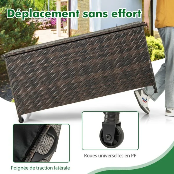 Coffre de Rangement 320 L en Rotin Tissé Serré Extérieur avec Doublure en Polyester Roues et Vérin à Gaz 137x56x64 cm Marron