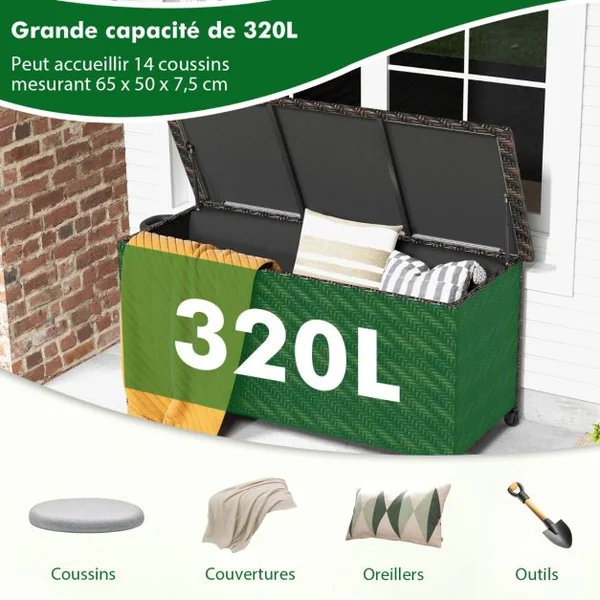 Coffre de Rangement 320 L en Rotin Tissé Serré Extérieur avec Doublure en Polyester Roues et Vérin à Gaz 137x56x64 cm Marron