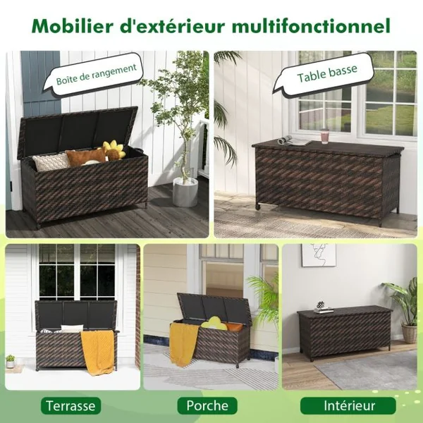 Coffre de Rangement 320 L en Rotin Tissé Serré Extérieur avec Doublure en Polyester Roues et Vérin à Gaz 137x56x64 cm Marron