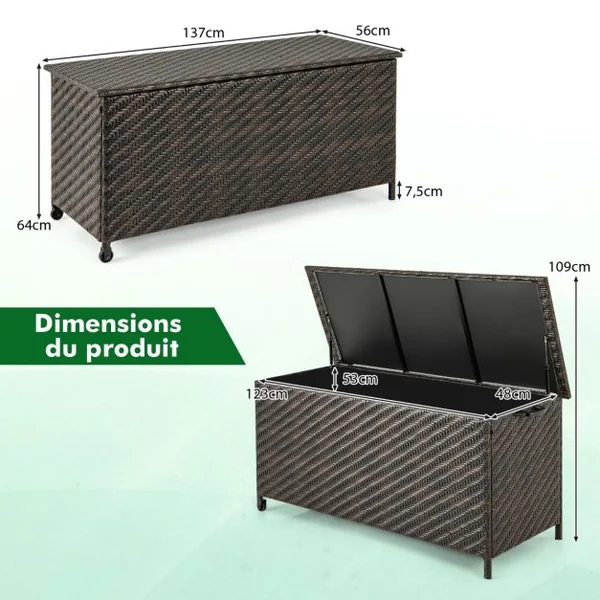 Coffre de Rangement 320 L en Rotin Tissé Serré Extérieur avec Doublure en Polyester Roues et Vérin à Gaz 137x56x64 cm Marron