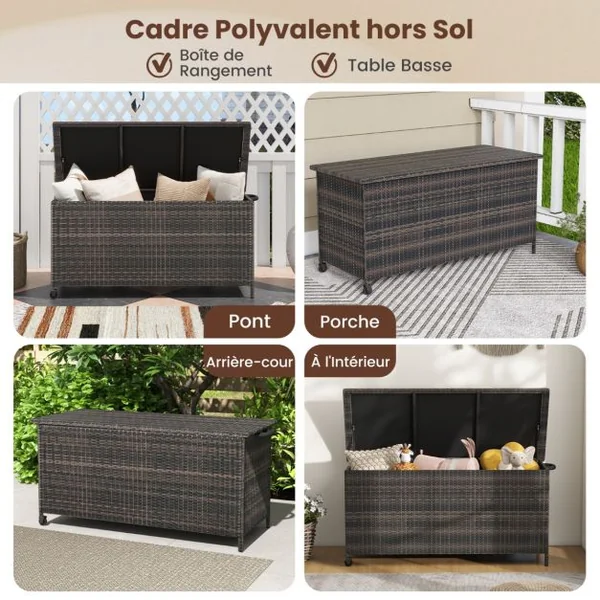 Coffre de Rangement 320 L en Rotin Tissé Serré Extérieur avec Doublure Imperméable Roues et Vérin à Gaz 137x56x64 cm Marron