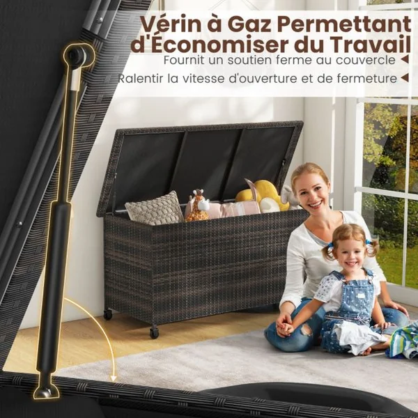 Coffre de Rangement 320 L en Rotin Tissé Serré Extérieur avec Doublure Imperméable Roues et Vérin à Gaz 137x56x64 cm Marron